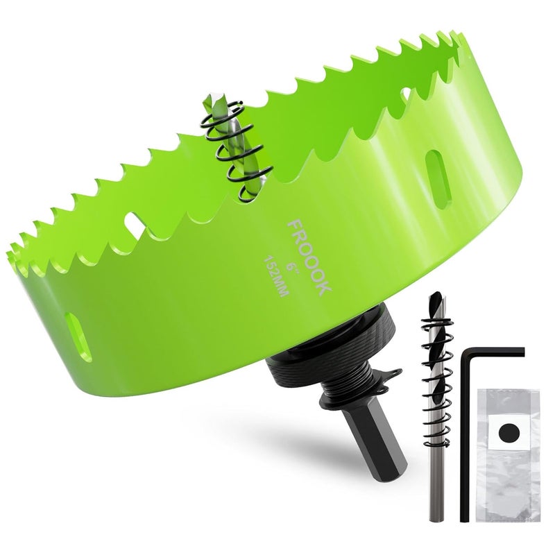 FROOOK 6"(152mm) Bi-Metal Hole Saw with Arbor-Multi-Material Cutting Kit for Thin Iron, Wood & Drywall - High-Speed Steel Teeth with Smooth Cutting Edge, Fast Chip Removal & Bonus Dust-Proof Bag - Image 1